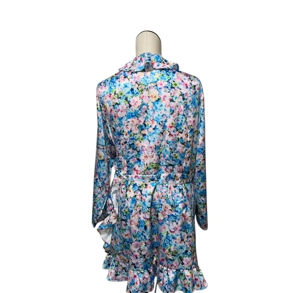 NWOT Bar III Women's Blue Floral-Print Ruffled Tie-Waist Wrap Dress